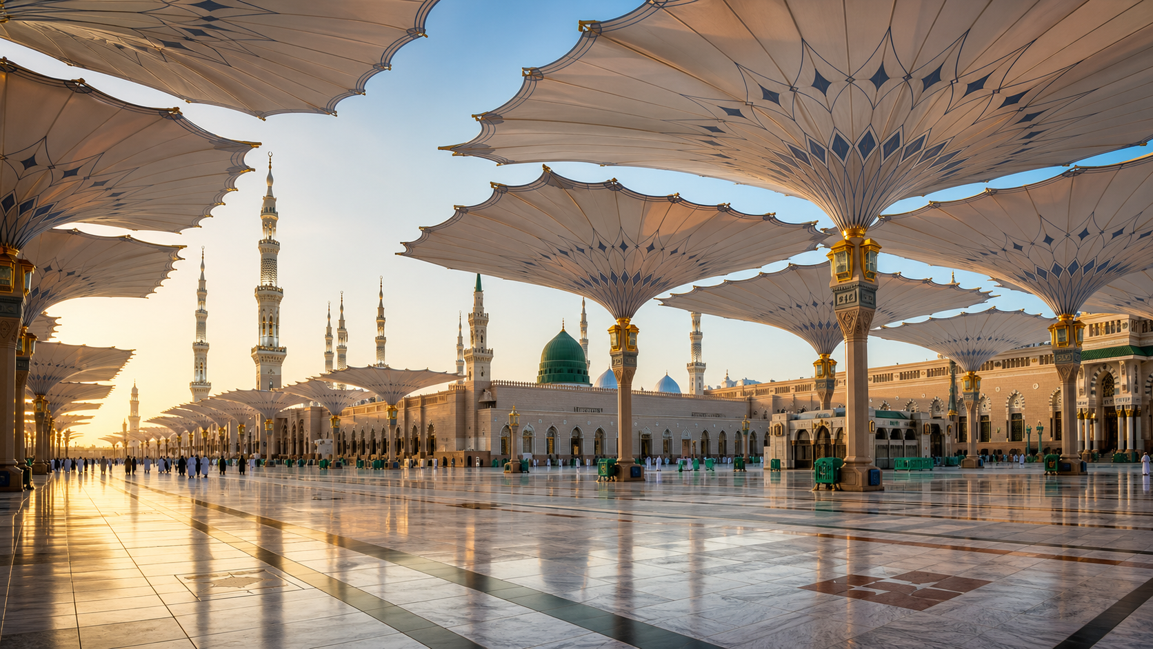 Premium 3D render of Masjid an-Nabawi courtyard umbrellas